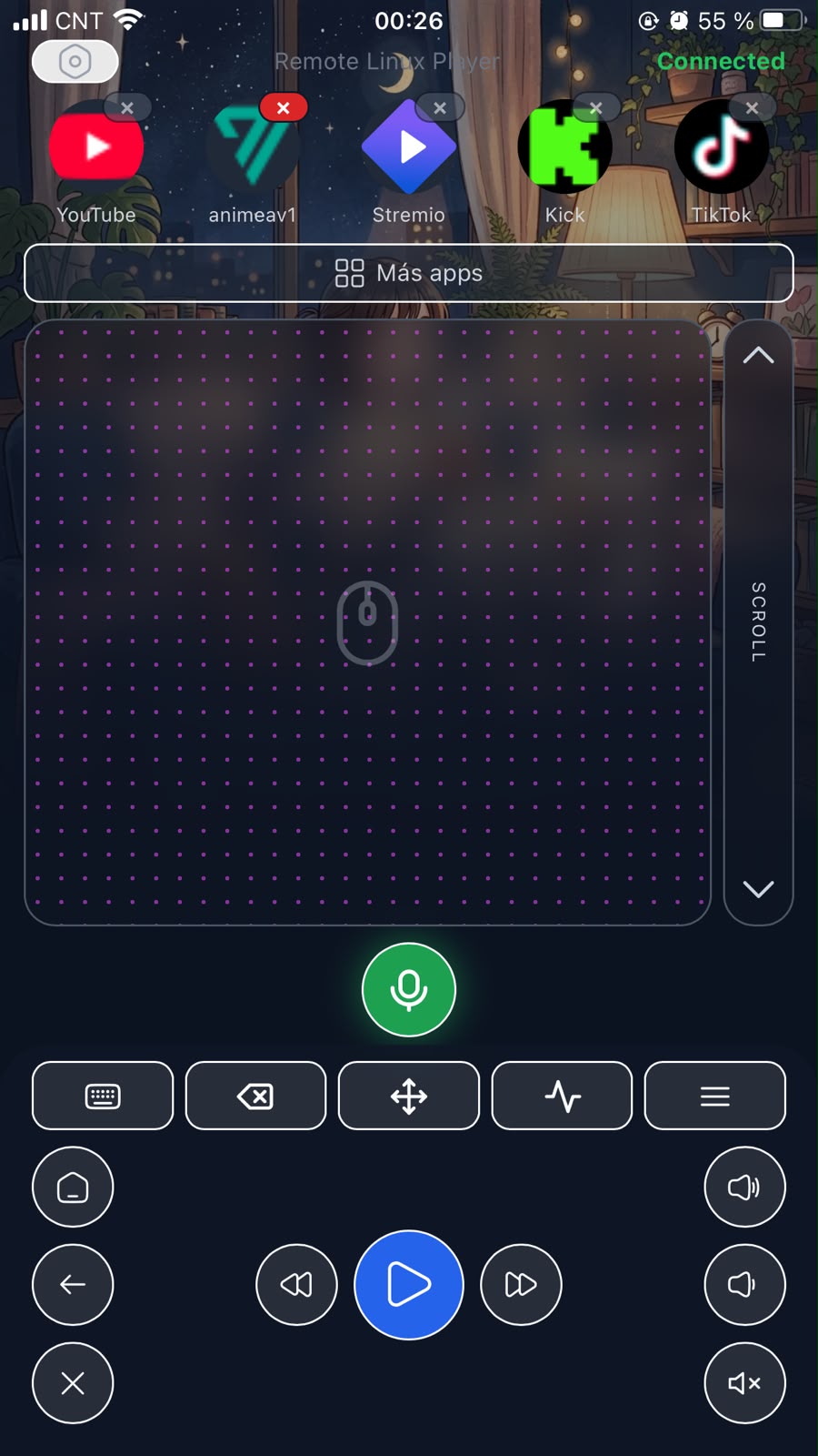 El control remoto en el teléfono: fila de apps, touchpad, botón de voz y controles multimedia