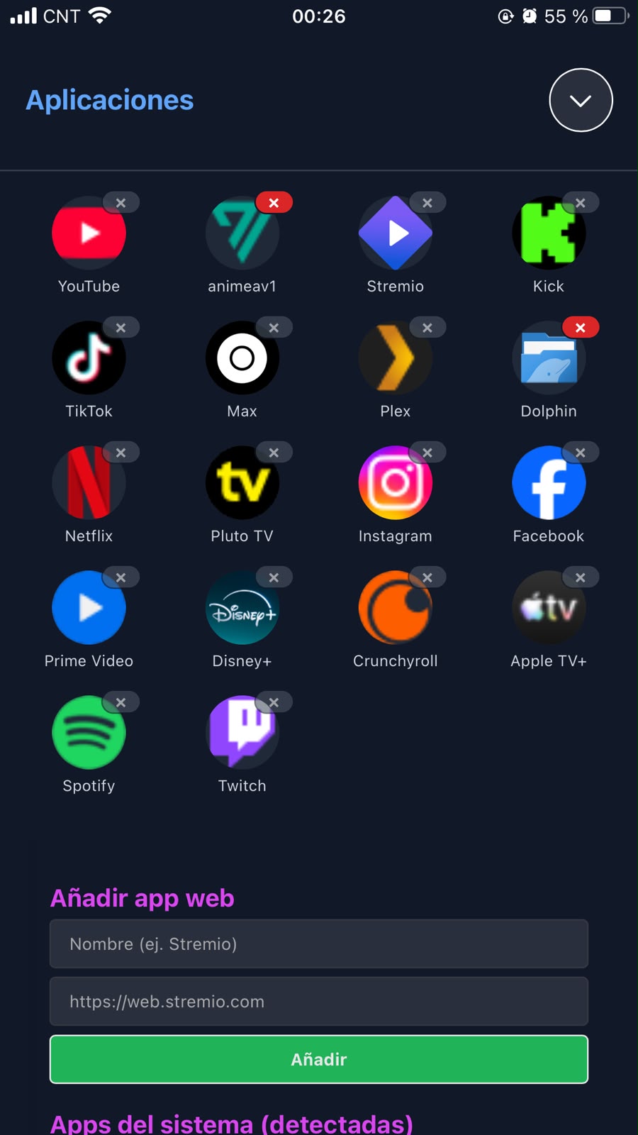 Cajón de aplicaciones con los íconos de streaming: YouTube, Netflix, Disney+, Spotify y más