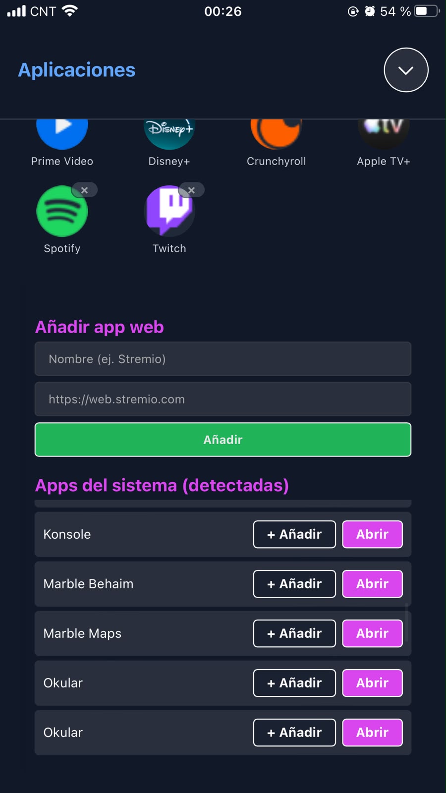 Apps del sistema detectadas automáticamente: Konsole, Marble, Okular, con botones para añadir o abrir
